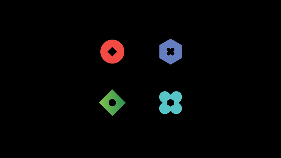 Чотири кольорові іконки (червона, синя, зелена, бірюзова) як елементи концепції логотипу LIVE.LOVE