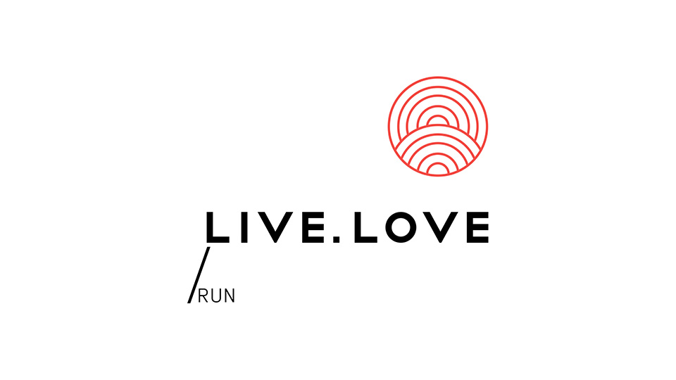 Лінійний логотип LIVE.LOVE Run: чорний текст та червоний круглий елемент з ліній на білому фоні