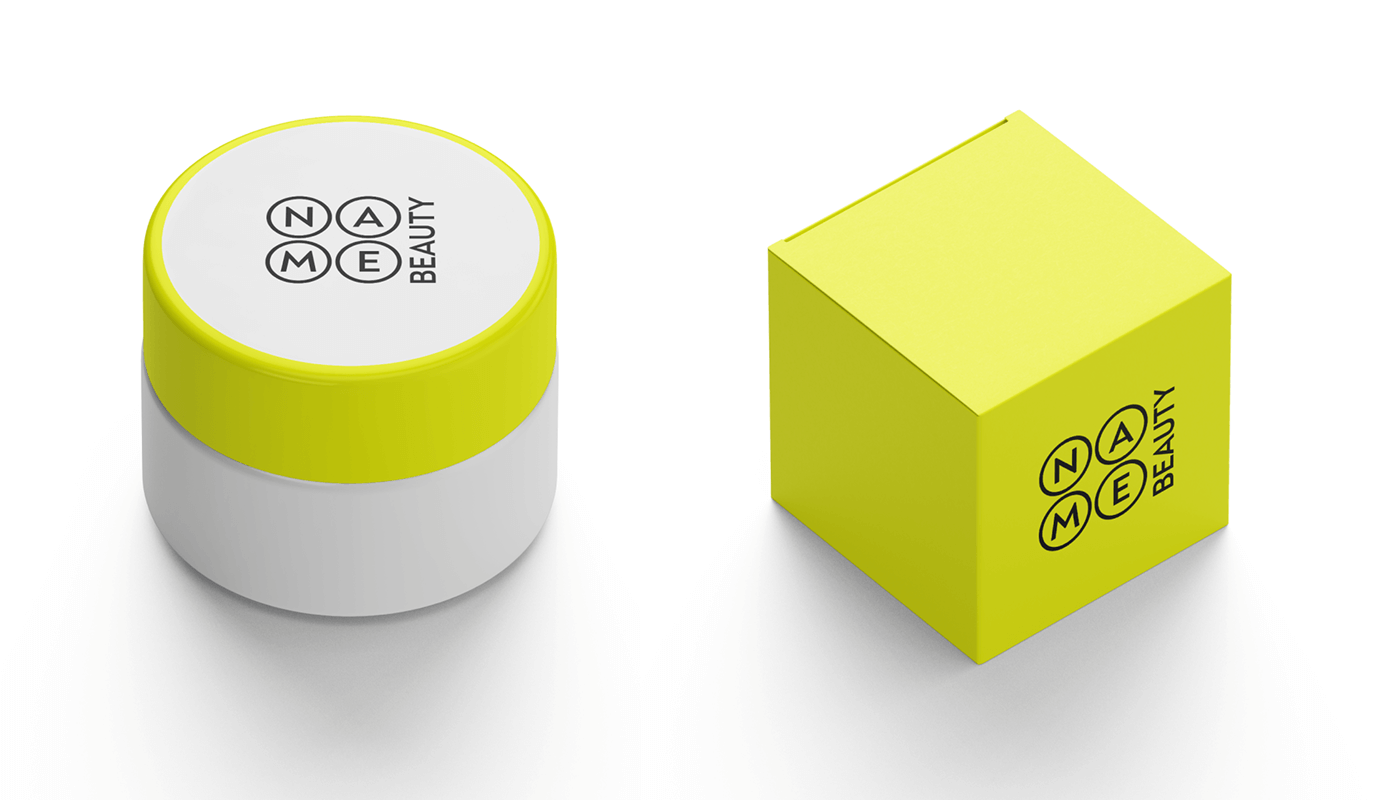 Мокап упаковки Name Beauty: баночка для крему та жовта коробка з логотипом - редизайн для б'юті бренду Київ