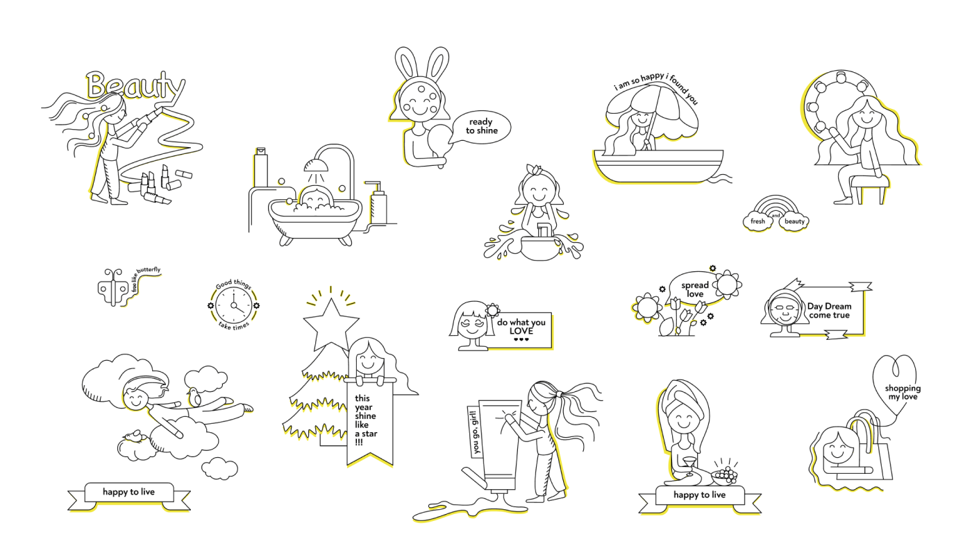 Яскравий стікер із зображенням персонажа у сумці та текстом "shopping my love" – стильний дизайн для просування косметики бренду Name Beauty в Україні