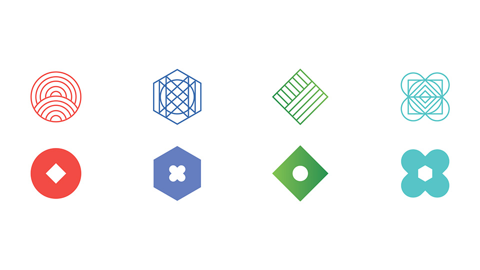 абір з восьми іконок LIVE.LOVE: лінійні та суцільні варіанти червоного, синього, зеленого та бірюзового кольорів